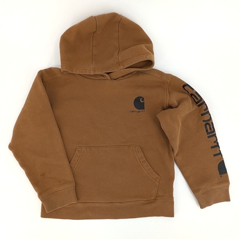 Carhartt Logo Sleeve Hoodie Brown Fleece Sweatshirt Kids Size S 8-10